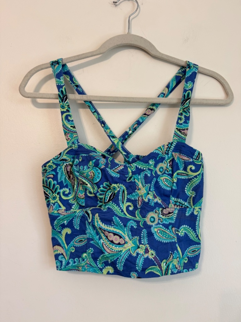 Aeropostale Blue Green Paisley Criss Cross Strap Crop Corset Tank Top | Size S